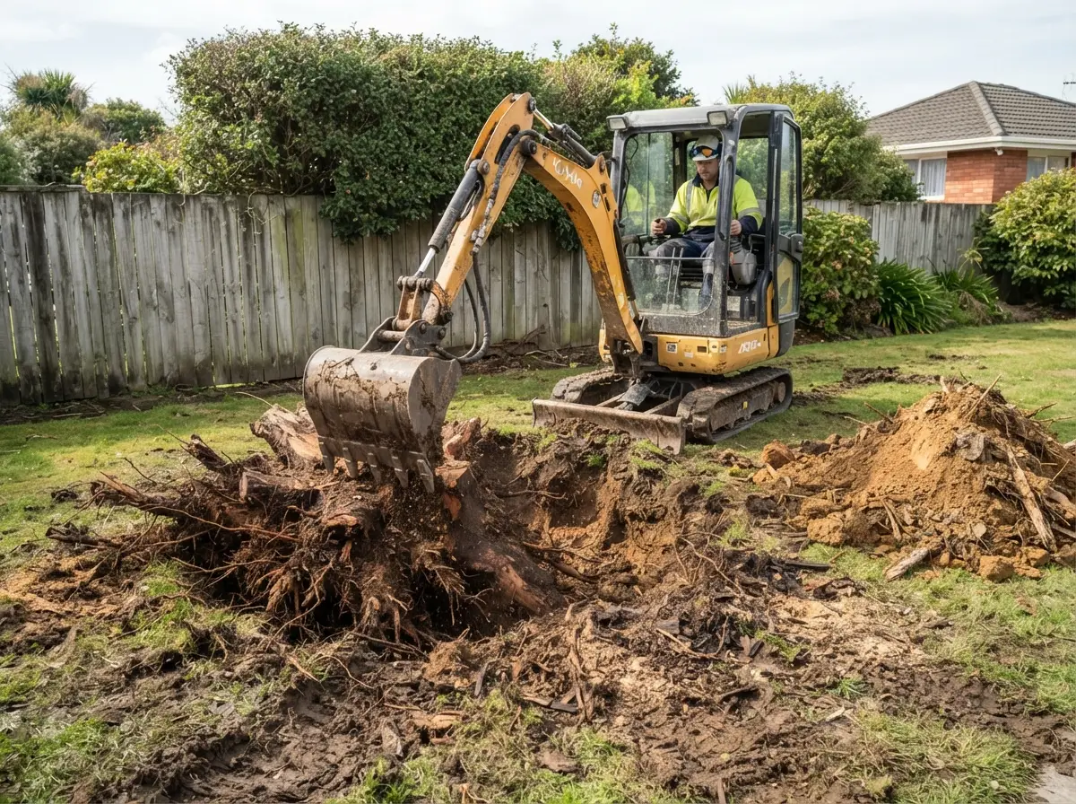 Tree stump being removed by digger
