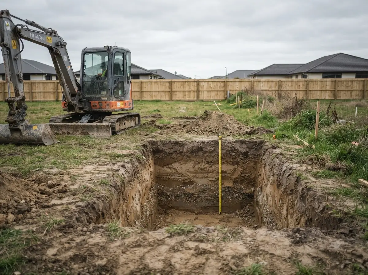 Test pit hole dug in soil for geotechnical inspection